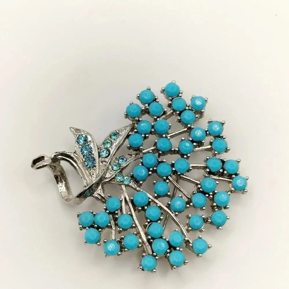 Silver Tone Blue Beading and Rhinestones Brooch 2